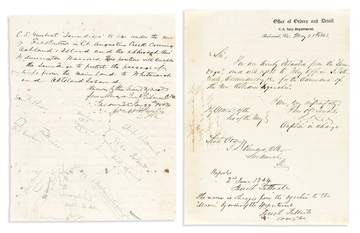 (CIVIL WAR--CONFEDERATE--NAVY.) Letters regarding the gunboat CSS Isondiga, including a manuscript map of the Savannah defenses.